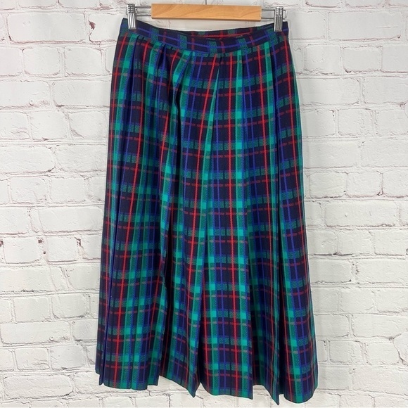 Vintage Christmas skirt plaid pleated green blue red size 12 wool lined cottage - Picture 3 of 8